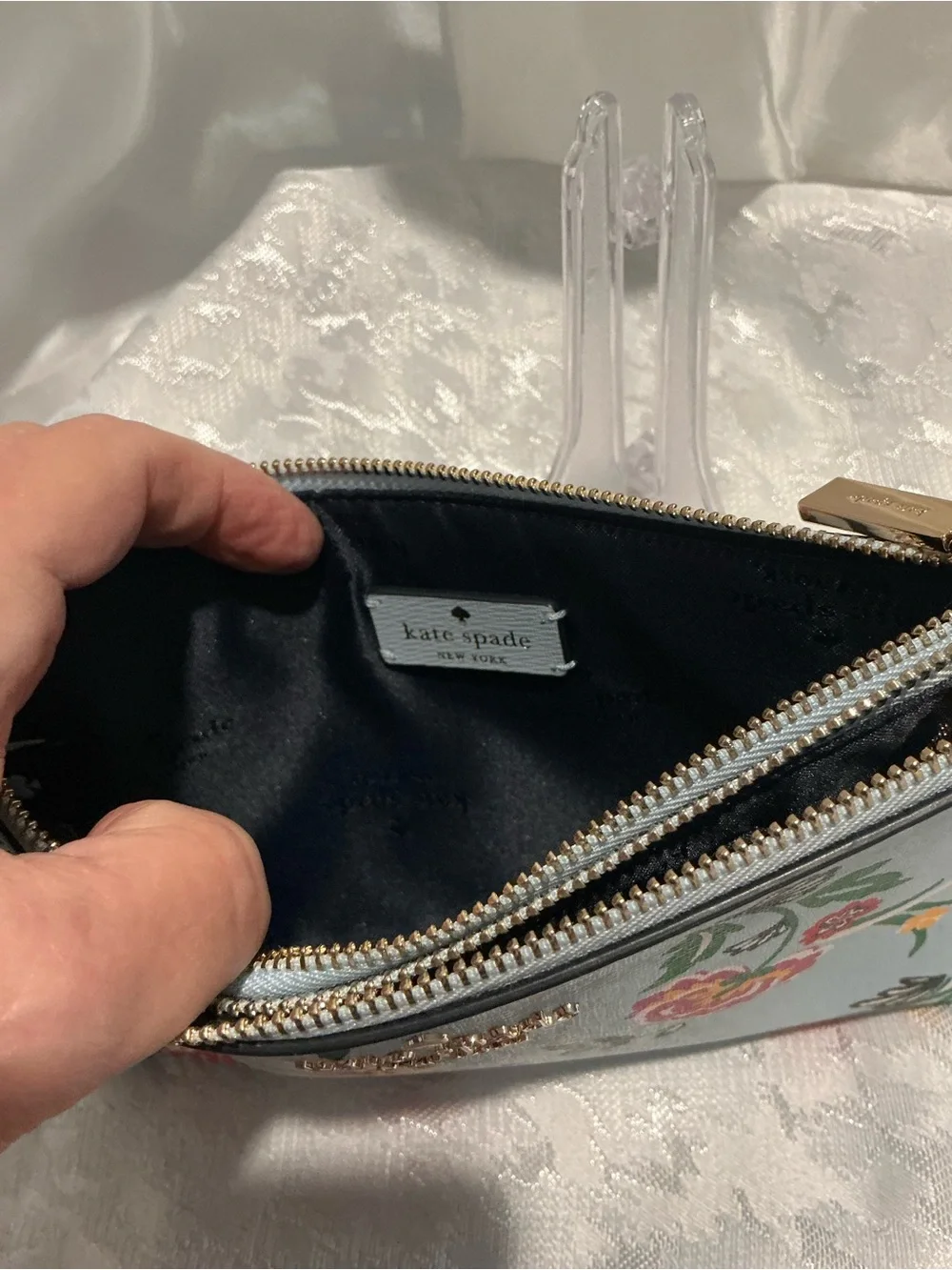 kate spade Light Blue Floral Dragon Doible Zip Wristlet Clutch with Wrist Strap
